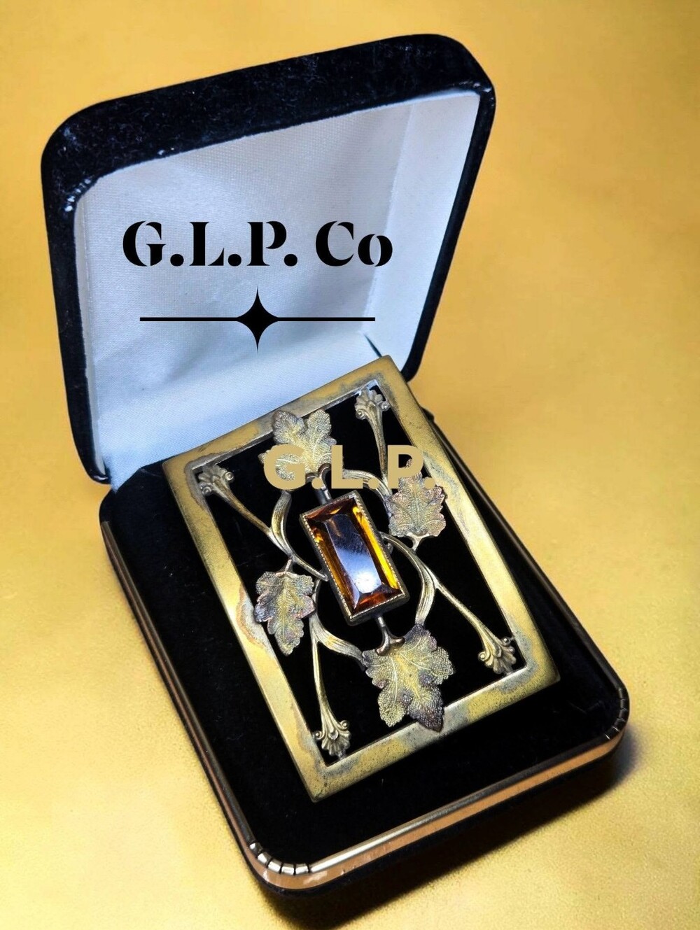 Antique Art Nouveau GLP George L. Paine Gold Filled Amber Glass Ivy Brooch 1910